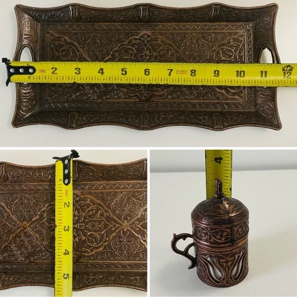 LAST CHANCE SALE! Turkish Copper Coffee Tea Set floral motifs Zamak & Porcelain - Picture 7 of 7